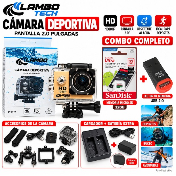 &ua CAMARA DEPORTIVA SUMERGIBLE + SD 32 GB + LECTOR SD + 1 BATERIA + CARGADOR